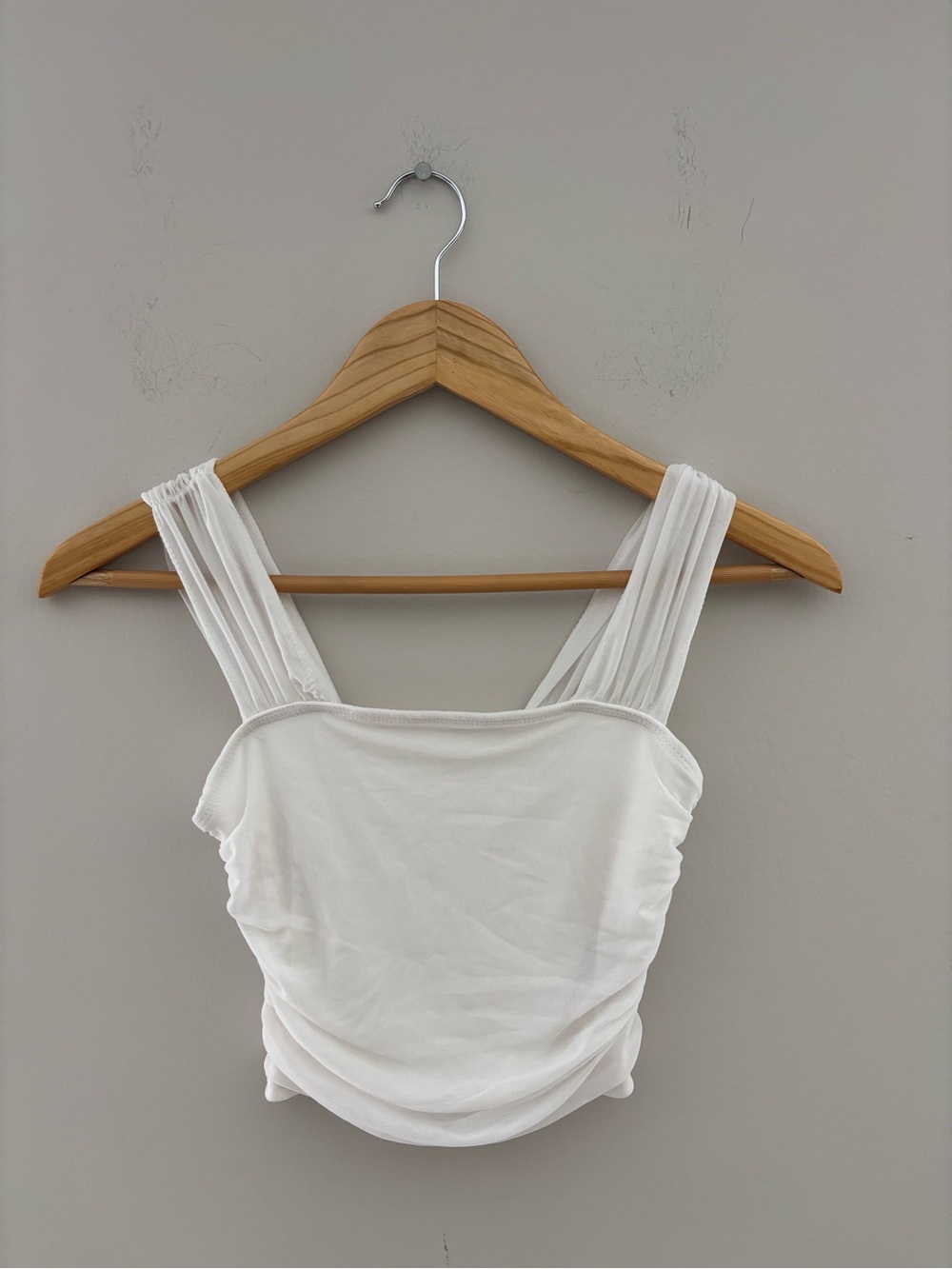 White Ruched Mesh Crop Tank Top XS Square Neck Sleeveless Y2K